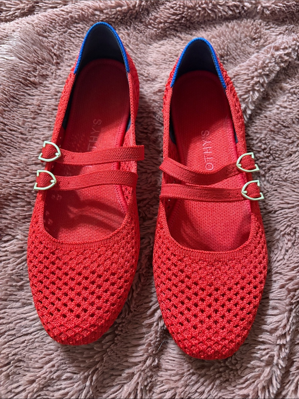 Rothy's Red Knit Mary Jane Flats with Gold Buckles